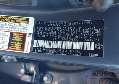 2021 Toyota Avalon Xle from USA, damaged, VIN 4T1JZ1FB3MU066433